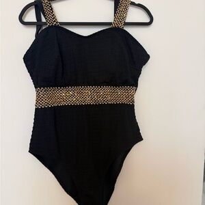 Black One-Piece Swimsuit with Gold Accents
